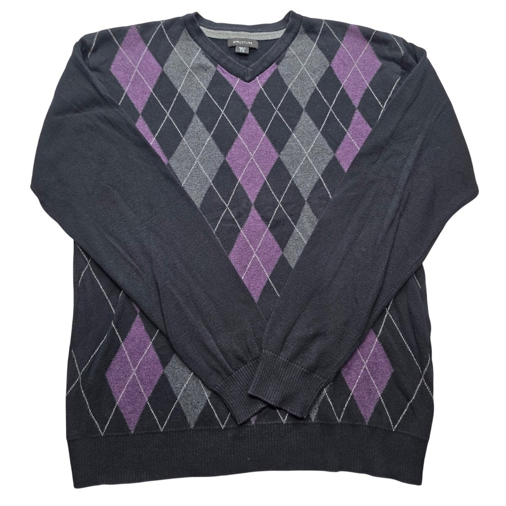 Structure Argyle V-Neck Sweater Mens‎ XL Black Purple Grey Cotton Preppy Goth